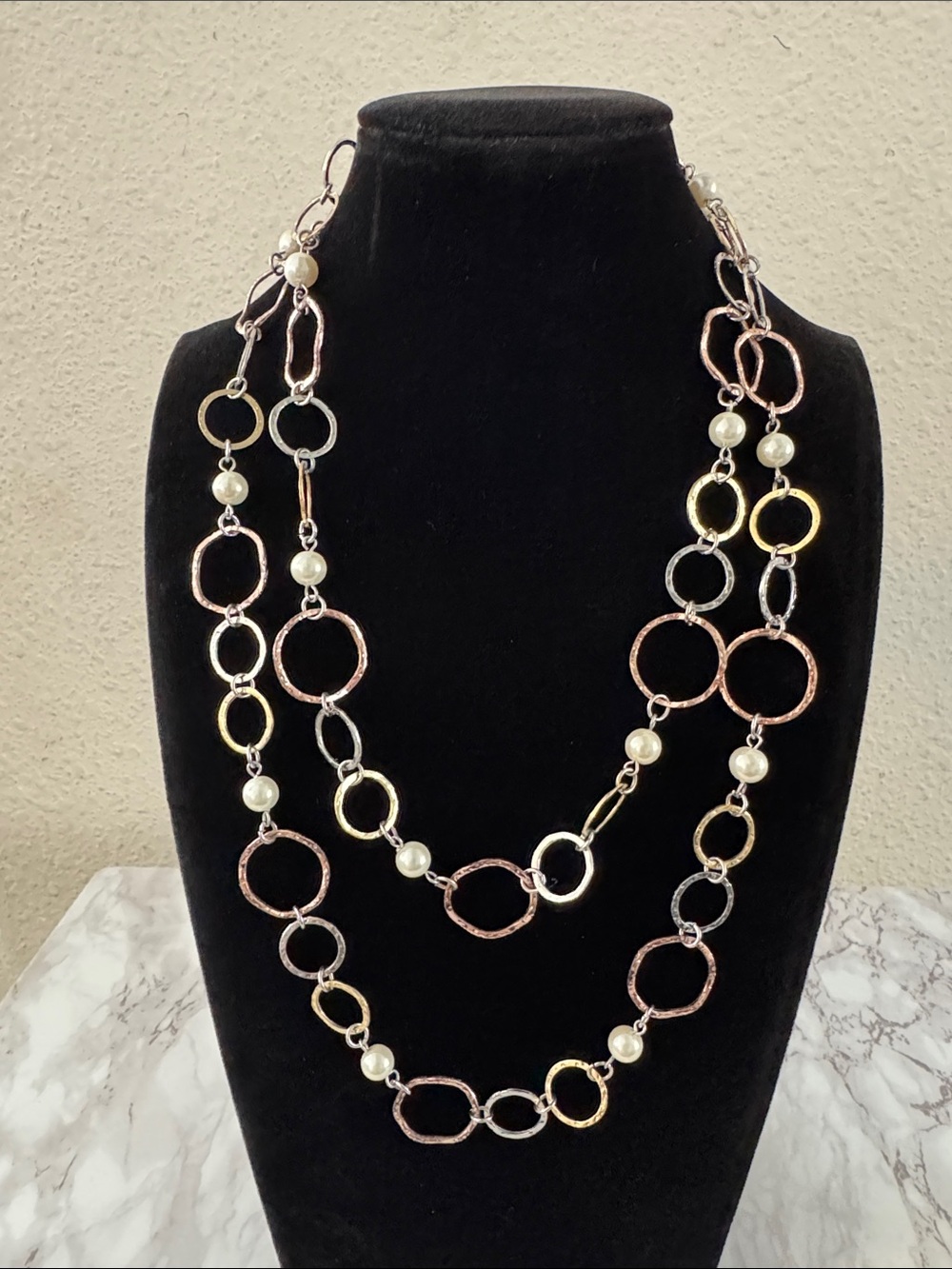 Mixed Metal Hammered Links & Pearl Long Necklace